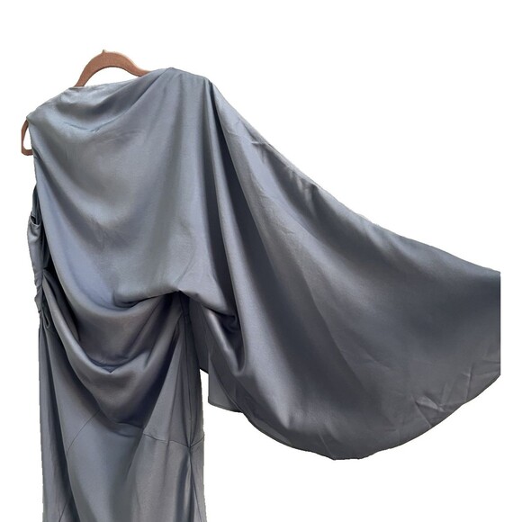 ASOS Satin Drape Maxi Dress Asymmetric Exaggerated Sleeve Dusky Blue Sz 8 - Picture 5 of 10